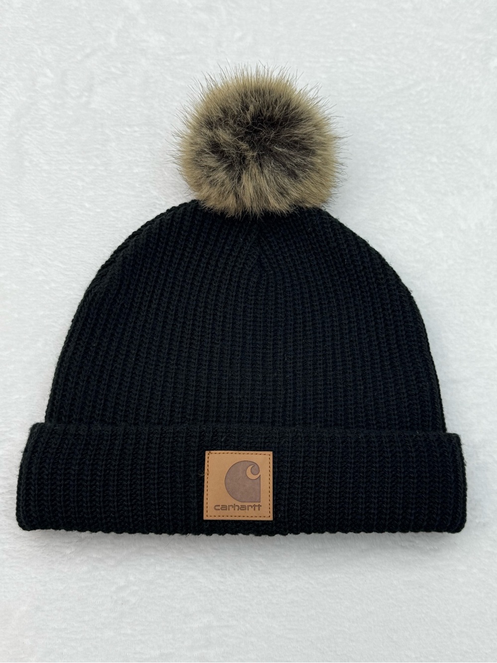 Carhartt Knit Fleece Lined Beanie Hat Fluffy Faux Fur Pom-Pom Black